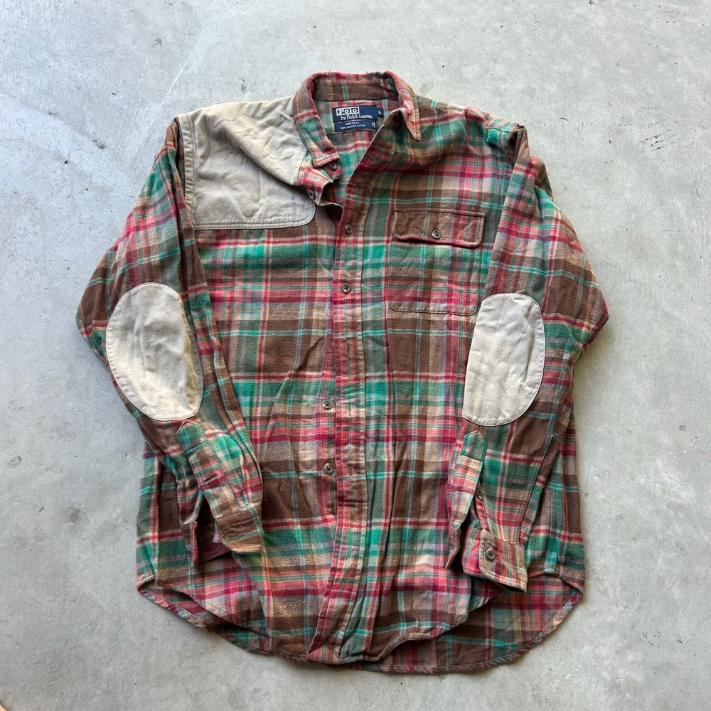 Polo Ralph Lauren Plaid Flannel Shirt Elbow Patches Hunting Mens L Made in USA